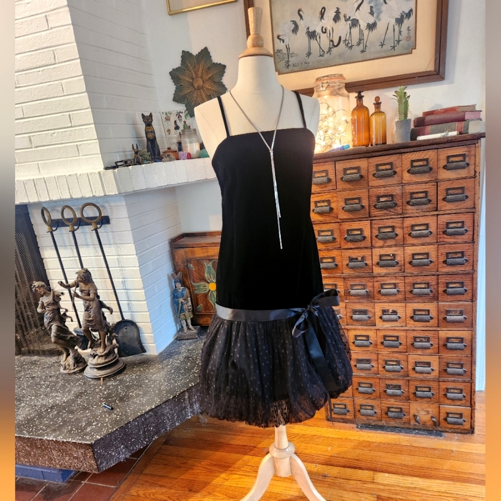 VTG 80s Black Velvet Drop Waist Polka Dot Bubble Hem Size 2